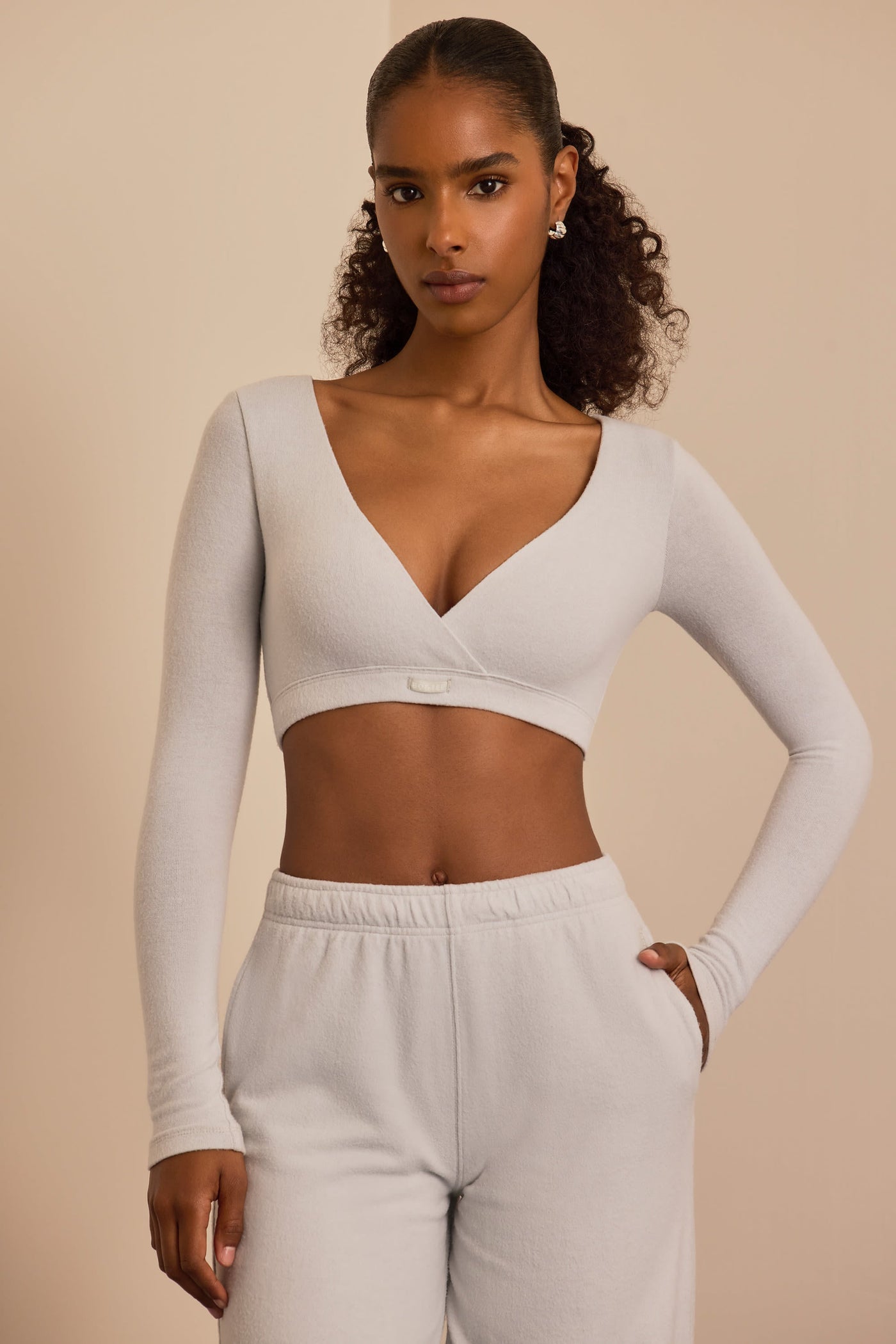 Brushed Jersey Wrap Crop Top in Fog Grey