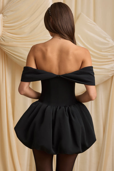 Off-Shoulder Layered Bubble Hem Corset Mini Dress in Black