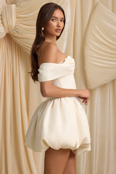 Off-Shoulder Layered Bubble Hem Corset Mini Dress in Ivory