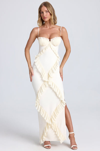 Plissé Ruffle-Trim Maxi Dress in Ivory