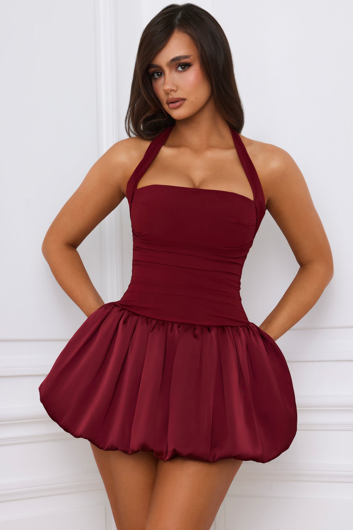 Halterneck Lace-Up Bubble Hem Corset Micro Mini Dress in Berry Red