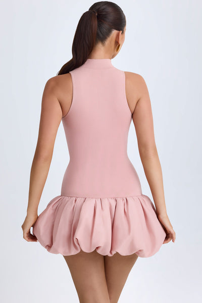 Turtleneck Drop-Waist Bubble Hem Mini Dress in Pink Mauve