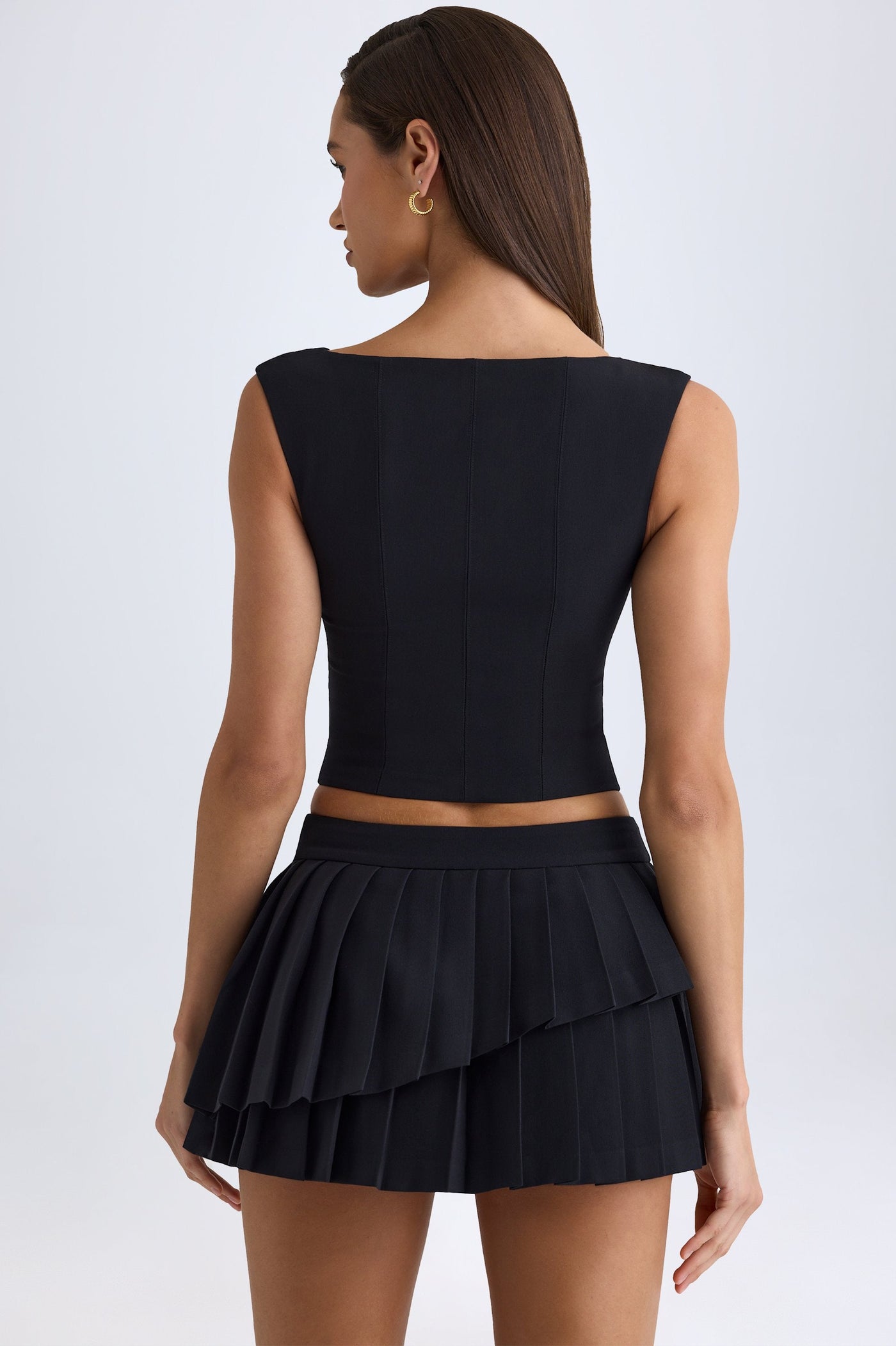 Layered Pleated Low-Rise Mini Skirt in Black