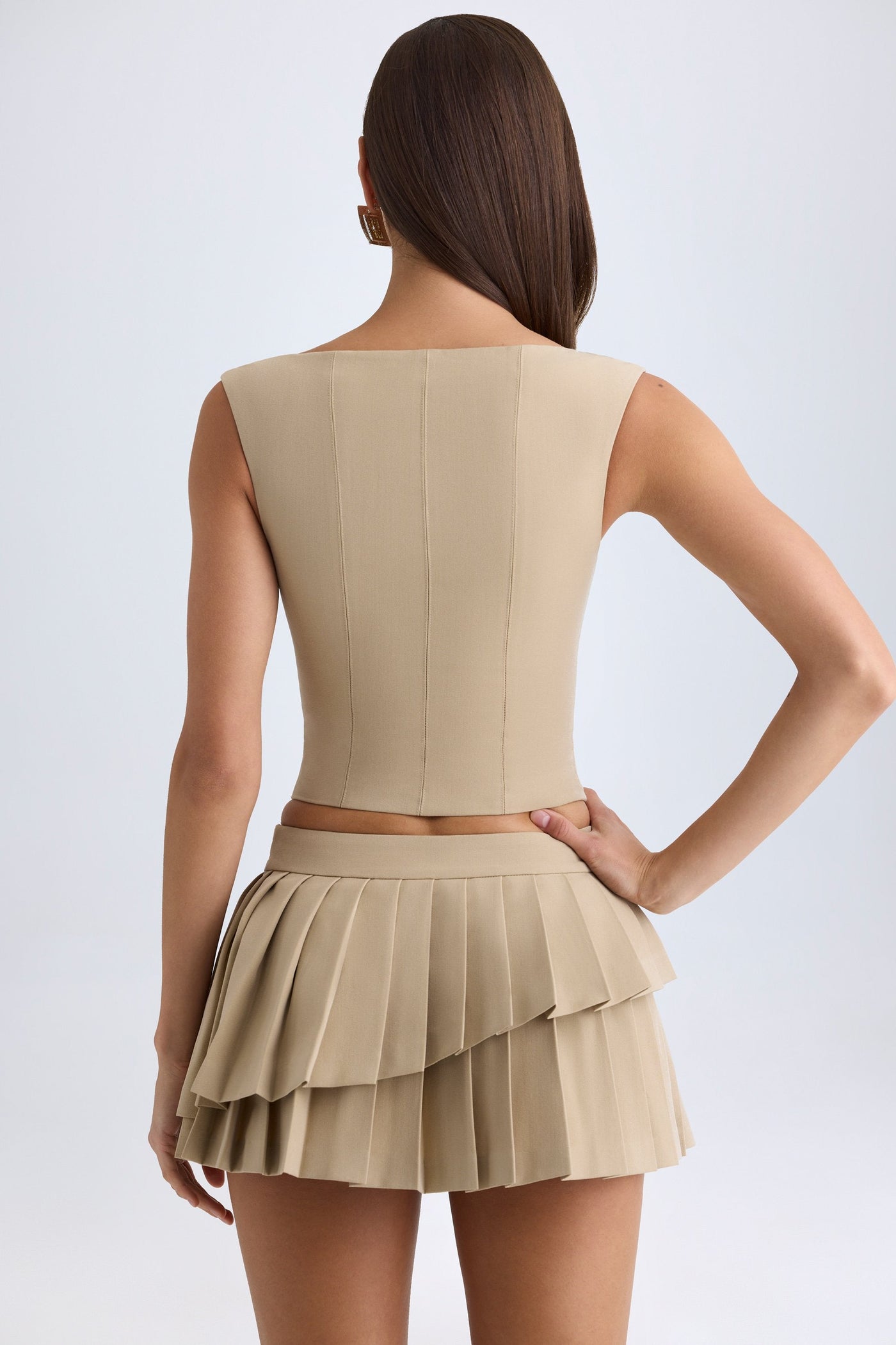 Layered Pleated Low-Rise Mini Skirt in Camel