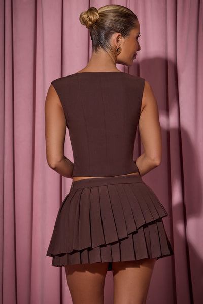 Layered Pleated Low-Rise Mini Skirt in Chocolate Brown