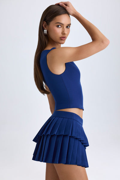 Layered Pleated Low-Rise Mini Skirt in True Navy