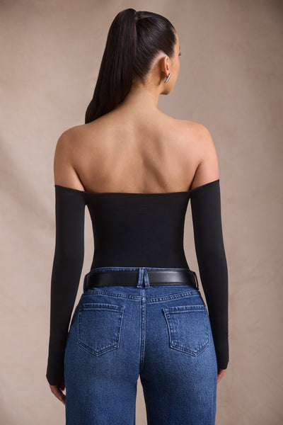 Seamless Off-Shoulder Long-Sleeve Bodysuit in Black