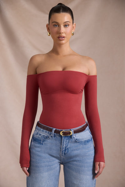 Seamless Off-Shoulder Long-Sleeve Bodysuit in Brick Red