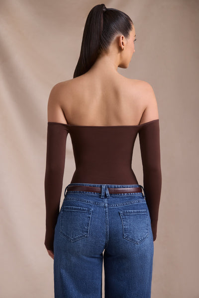 Seamless Off-Shoulder Long-Sleeve Bodysuit in Espresso