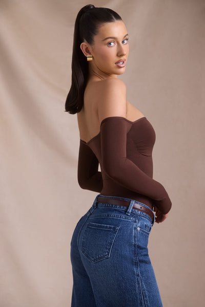 Seamless Off-Shoulder Long-Sleeve Bodysuit in Espresso