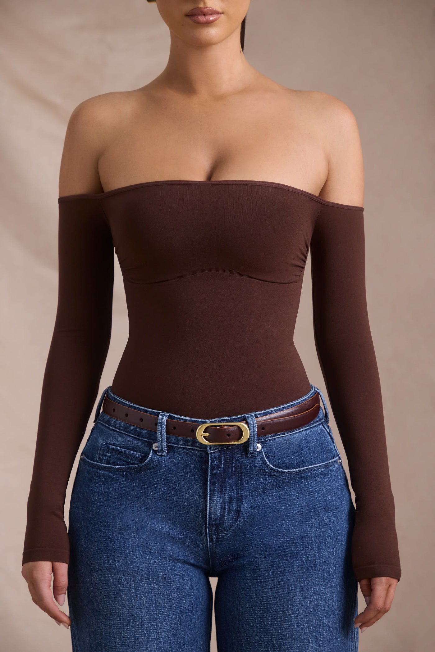 Seamless Off-Shoulder Long-Sleeve Bodysuit in Espresso