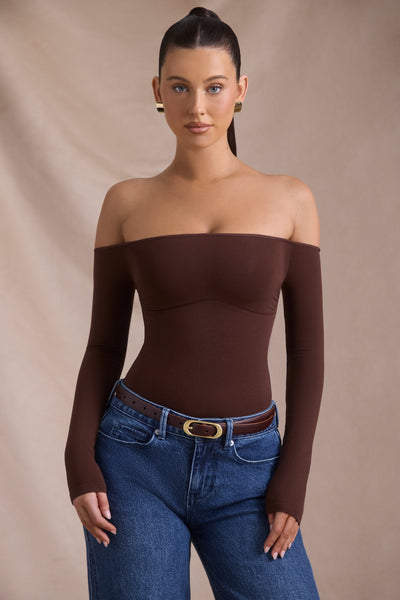 Seamless Off-Shoulder Long-Sleeve Bodysuit in Espresso