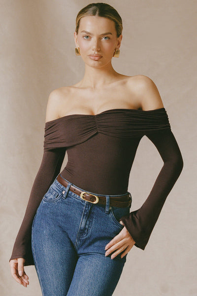 Modal-Cashmere Blend Off-Shoulder Ruched Top in Espresso