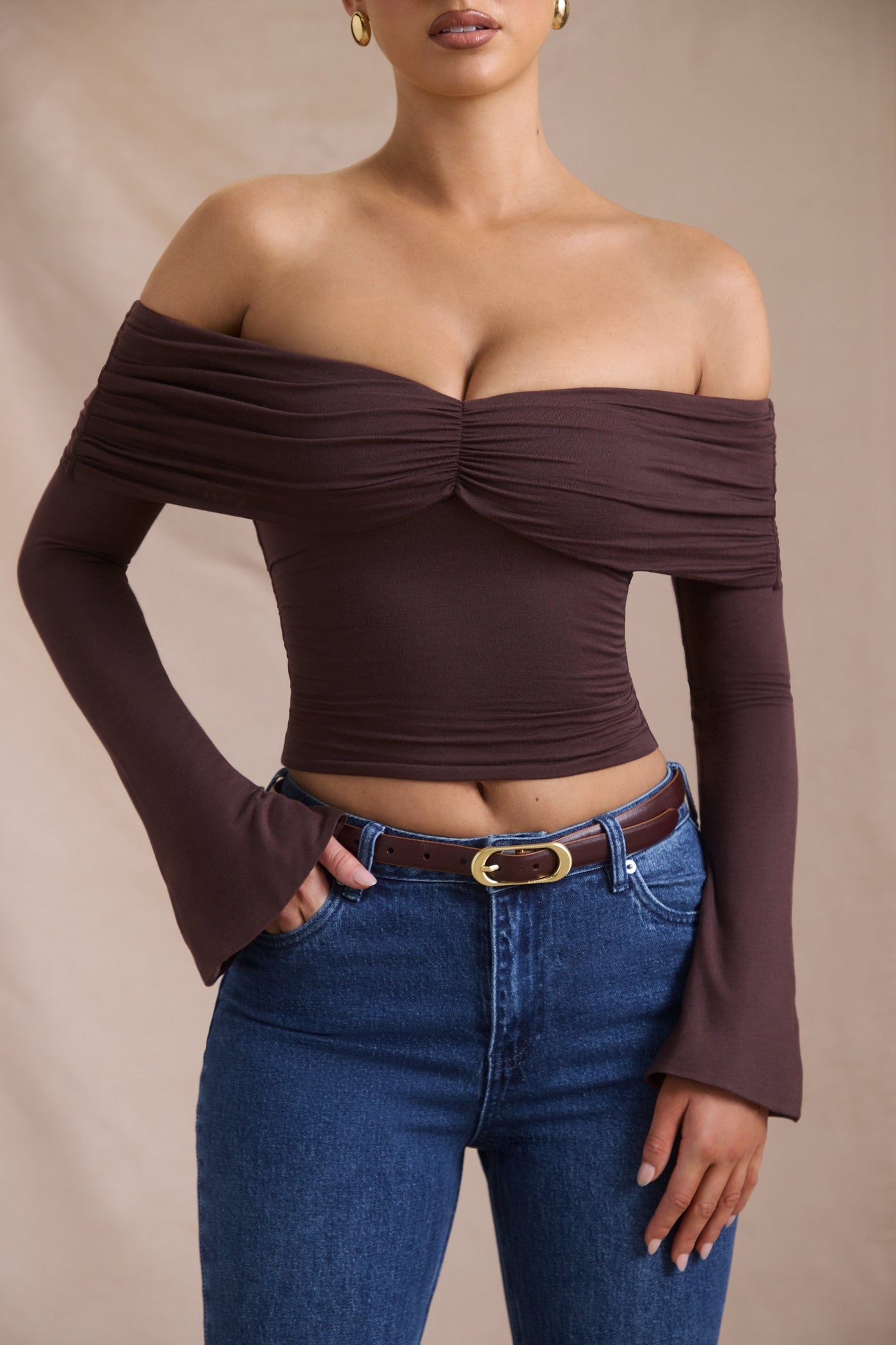 Modal-Cashmere Blend Off-Shoulder Ruched Top in Espresso