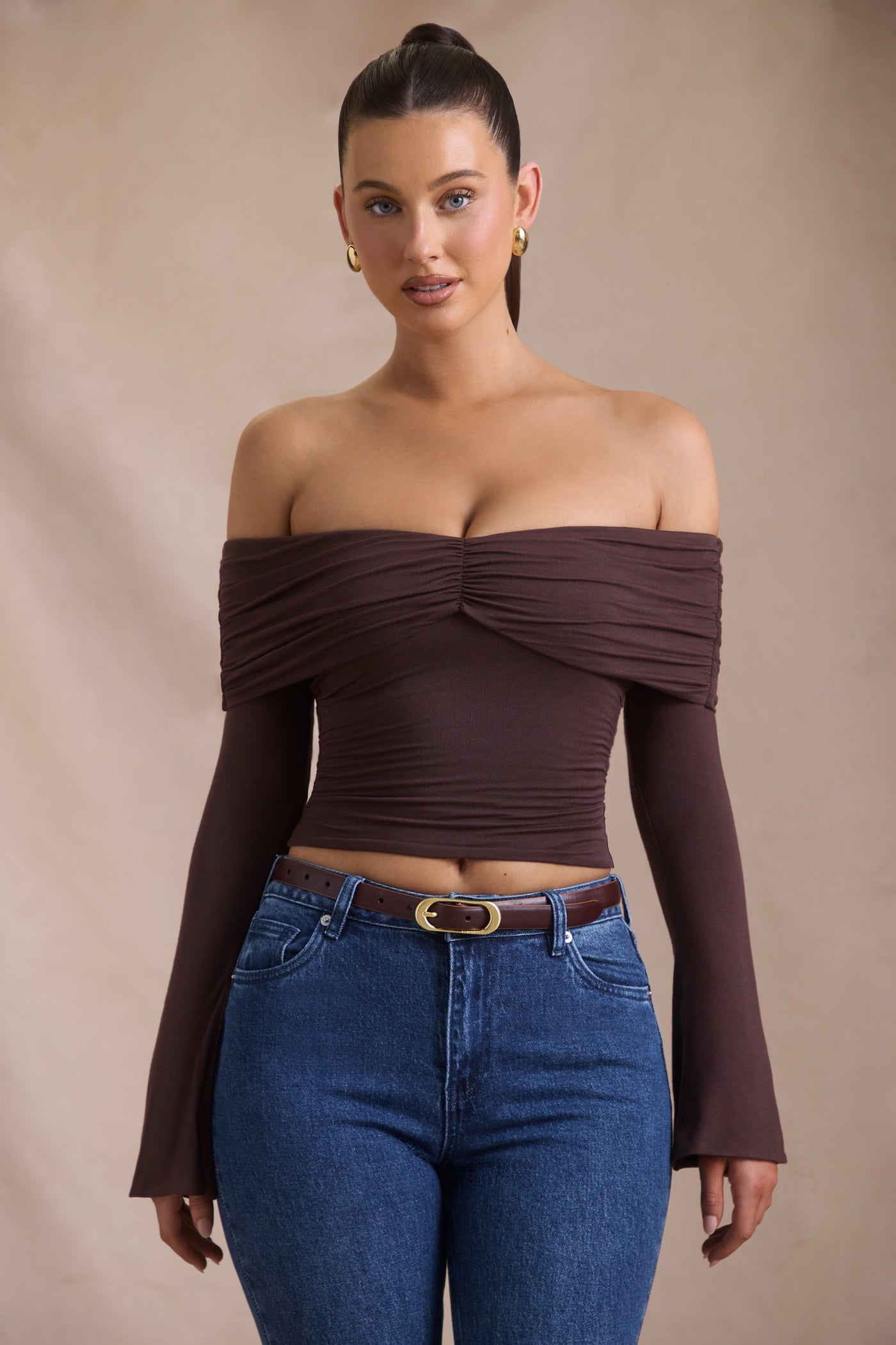 Modal-Cashmere Blend Off-Shoulder Ruched Top in Espresso