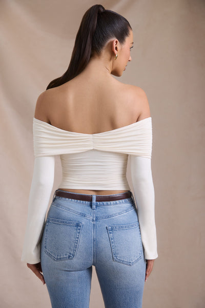 Modal-Cashmere Blend Off-Shoulder Ruched Top in Ivory