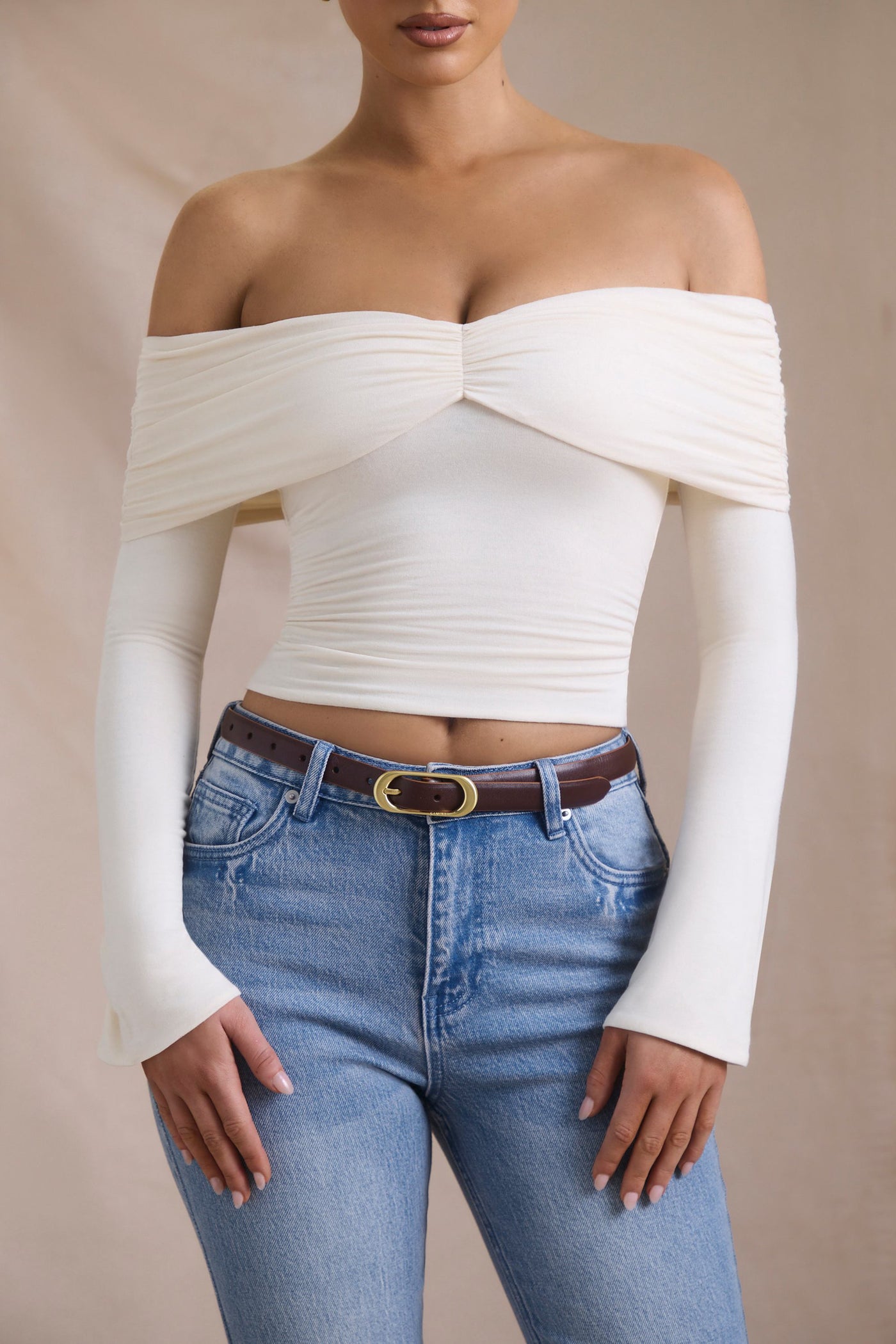 Modal-Cashmere Blend Off-Shoulder Ruched Top in Ivory