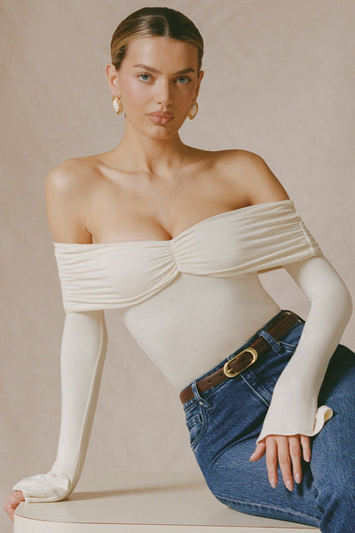 Modal-Cashmere Blend Off-Shoulder Ruched Top in Ivory