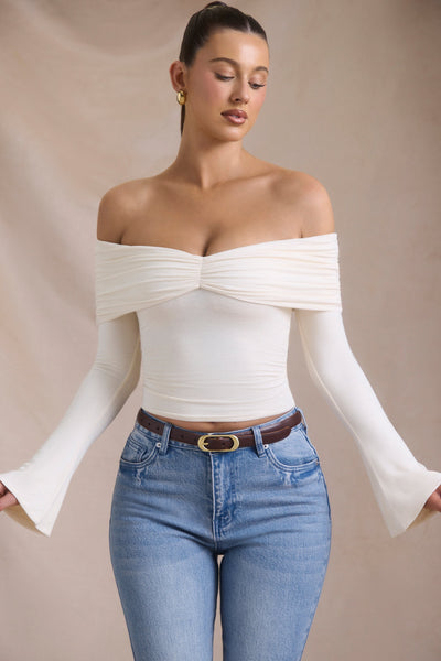 Modal-Cashmere Blend Off-Shoulder Ruched Top in Ivory