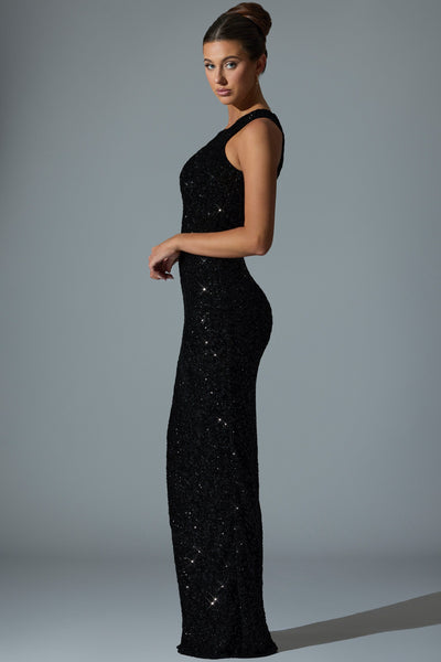 Embellished Asymmetric Cut-Out Gown in Black