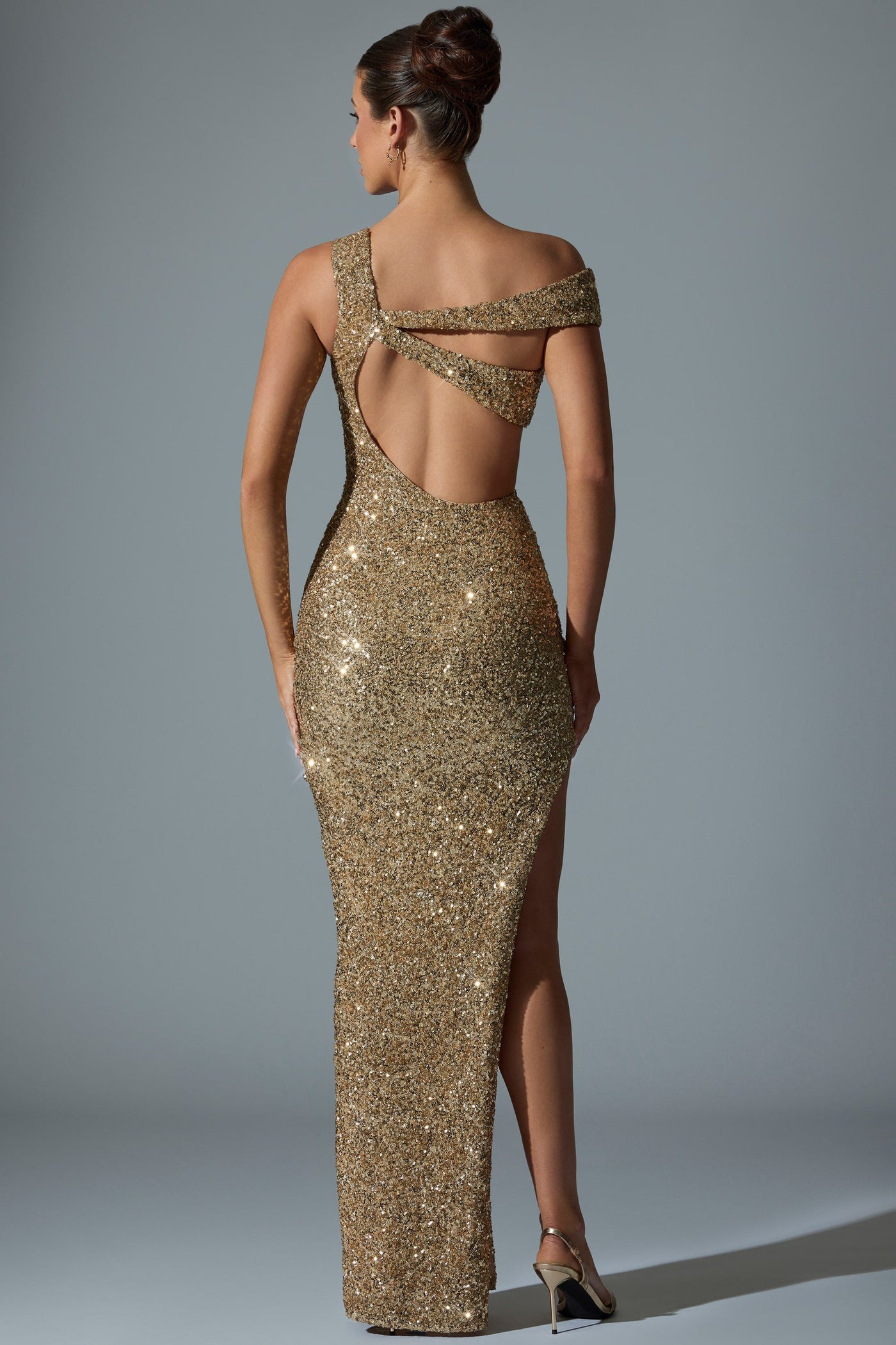 Embellished Asymmetric Cut-Out Gown in Gold