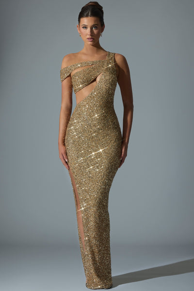 Embellished Asymmetric Cut-Out Gown in Gold