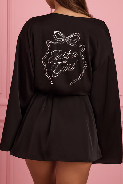 Embellished Wrap-Over Robe in Black