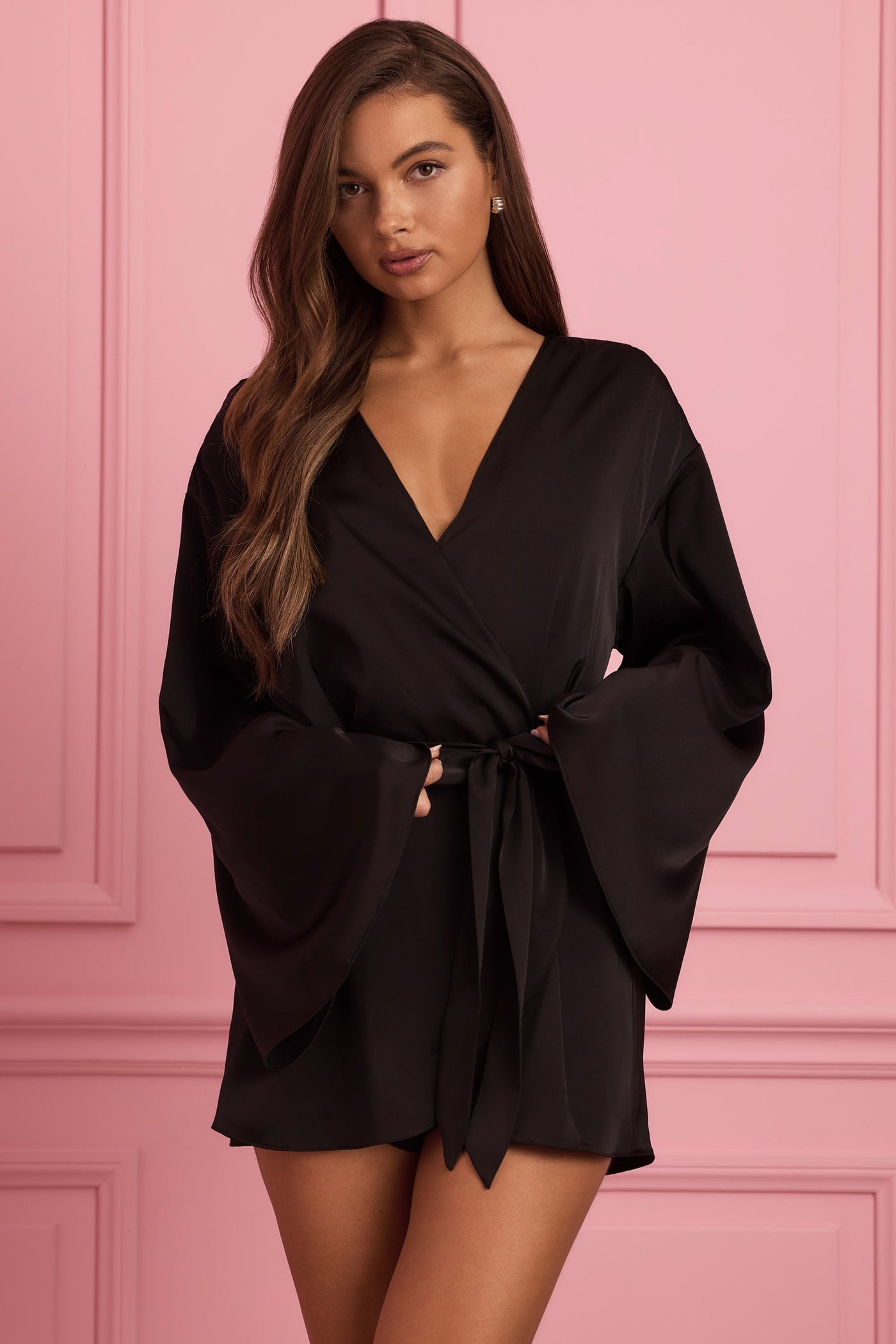 Embellished Wrap-Over Robe in Black