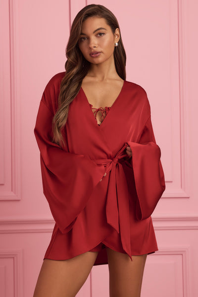 Embellished Wrap-Over Robe in Ruby Red