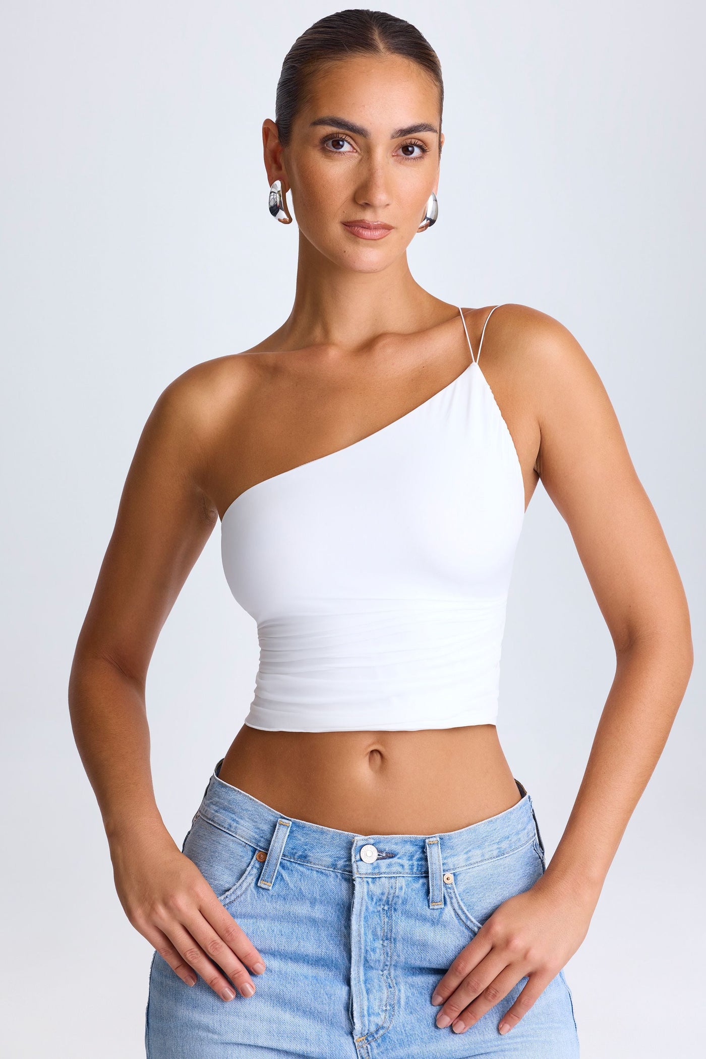 One-Shoulder Lace-Up Top in White