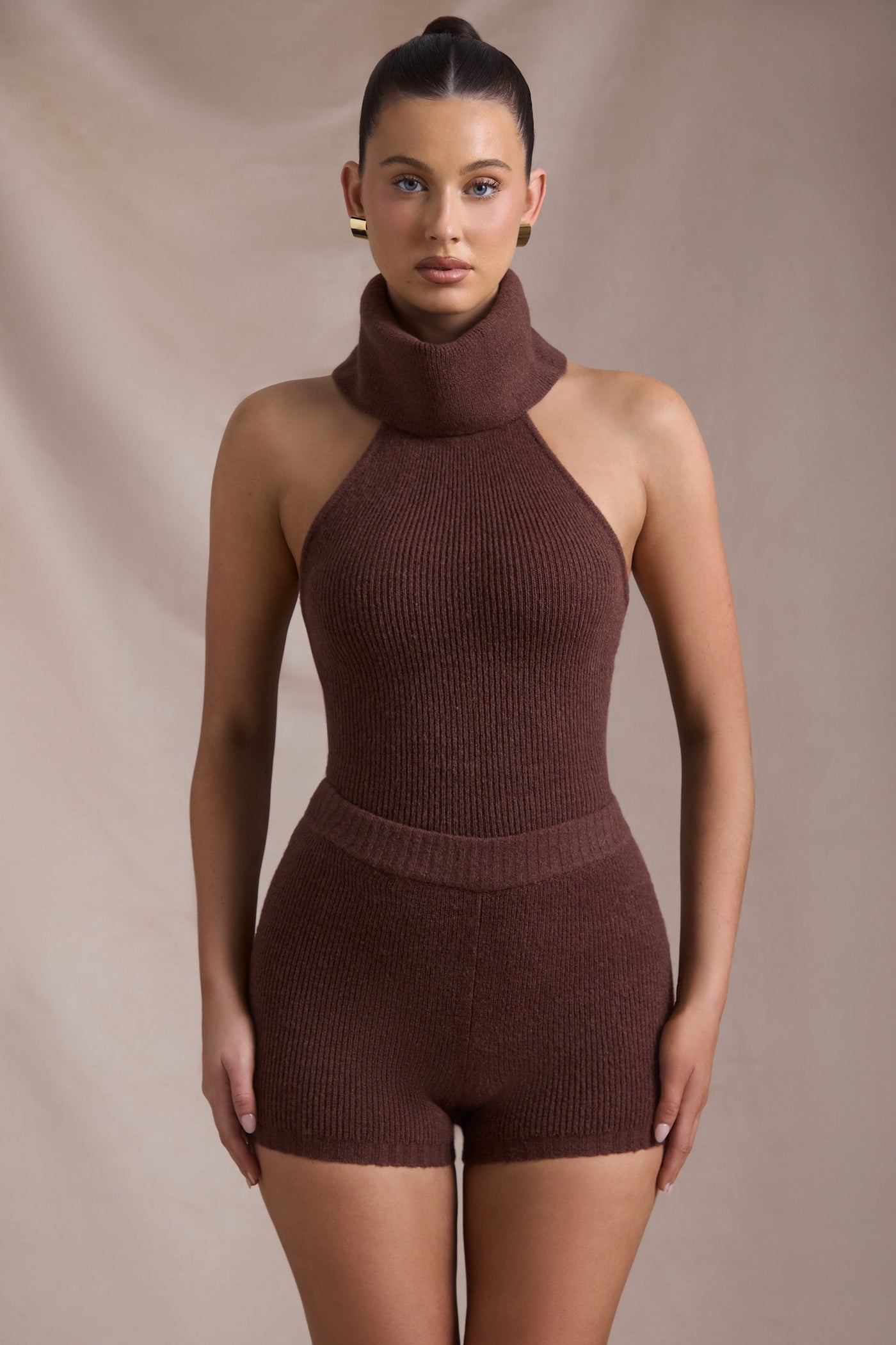 Ribbed-Knit Turtleneck Backless Top in Espresso