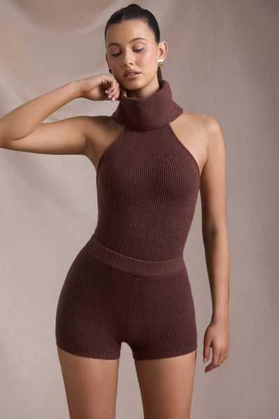 Ribbed-Knit Turtleneck Backless Top in Espresso