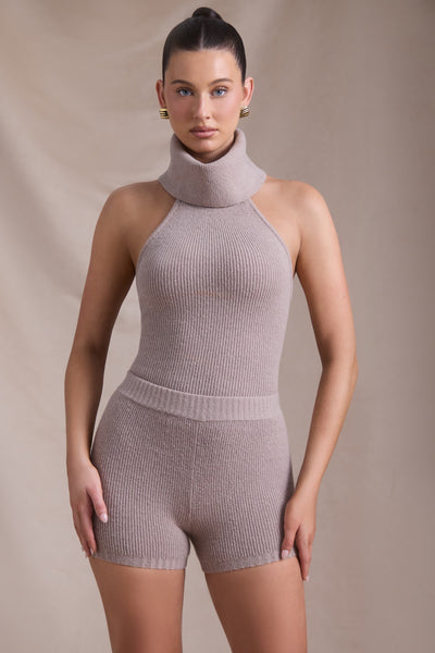 Ribbed-Knit Turtleneck Backless Top in Taupe