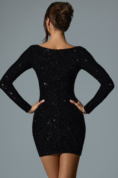 Embellished Sweetheart-Neck Mini Dress in Black