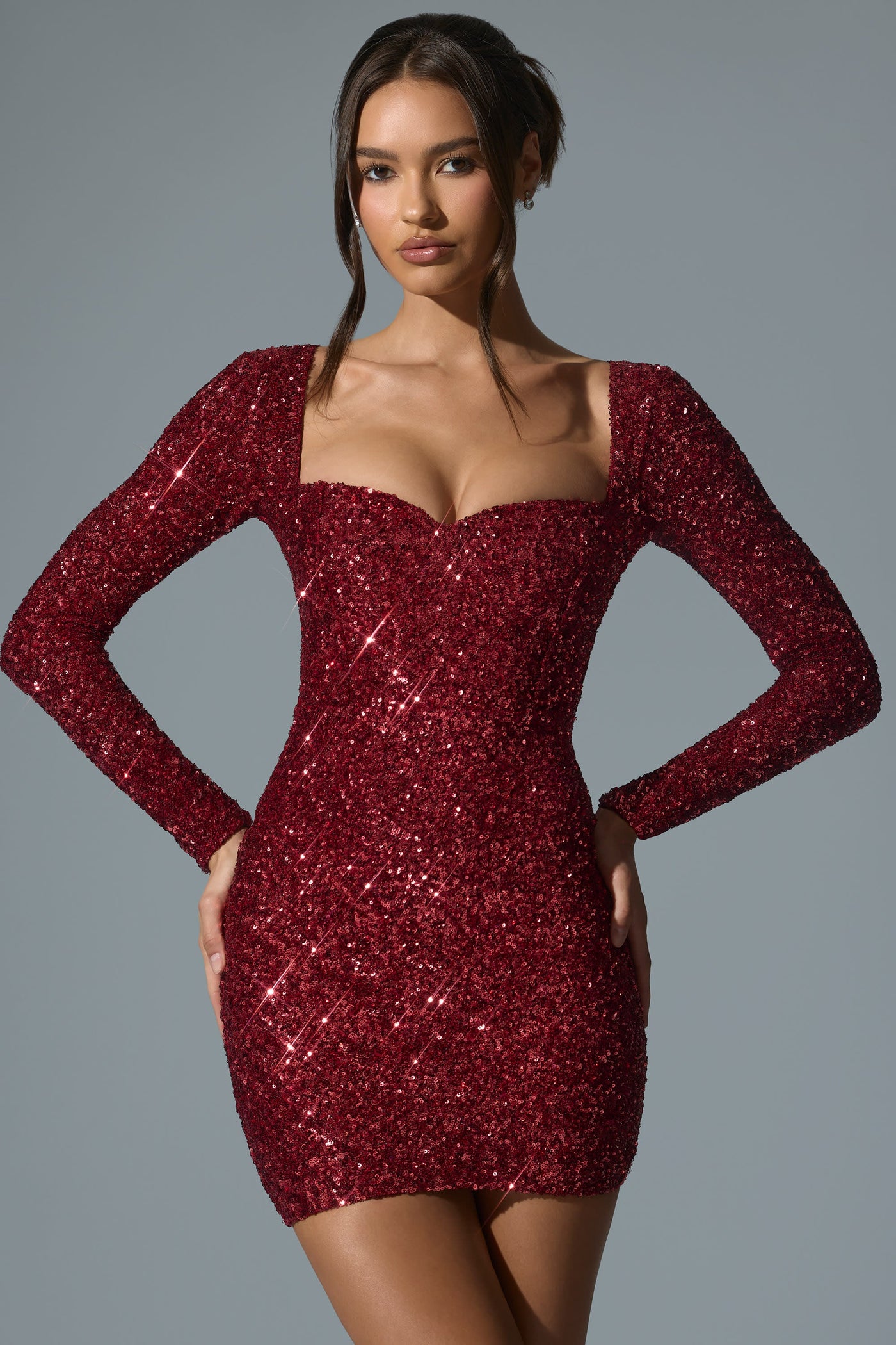 Embellished Sweetheart-Neck Mini Dress in Red