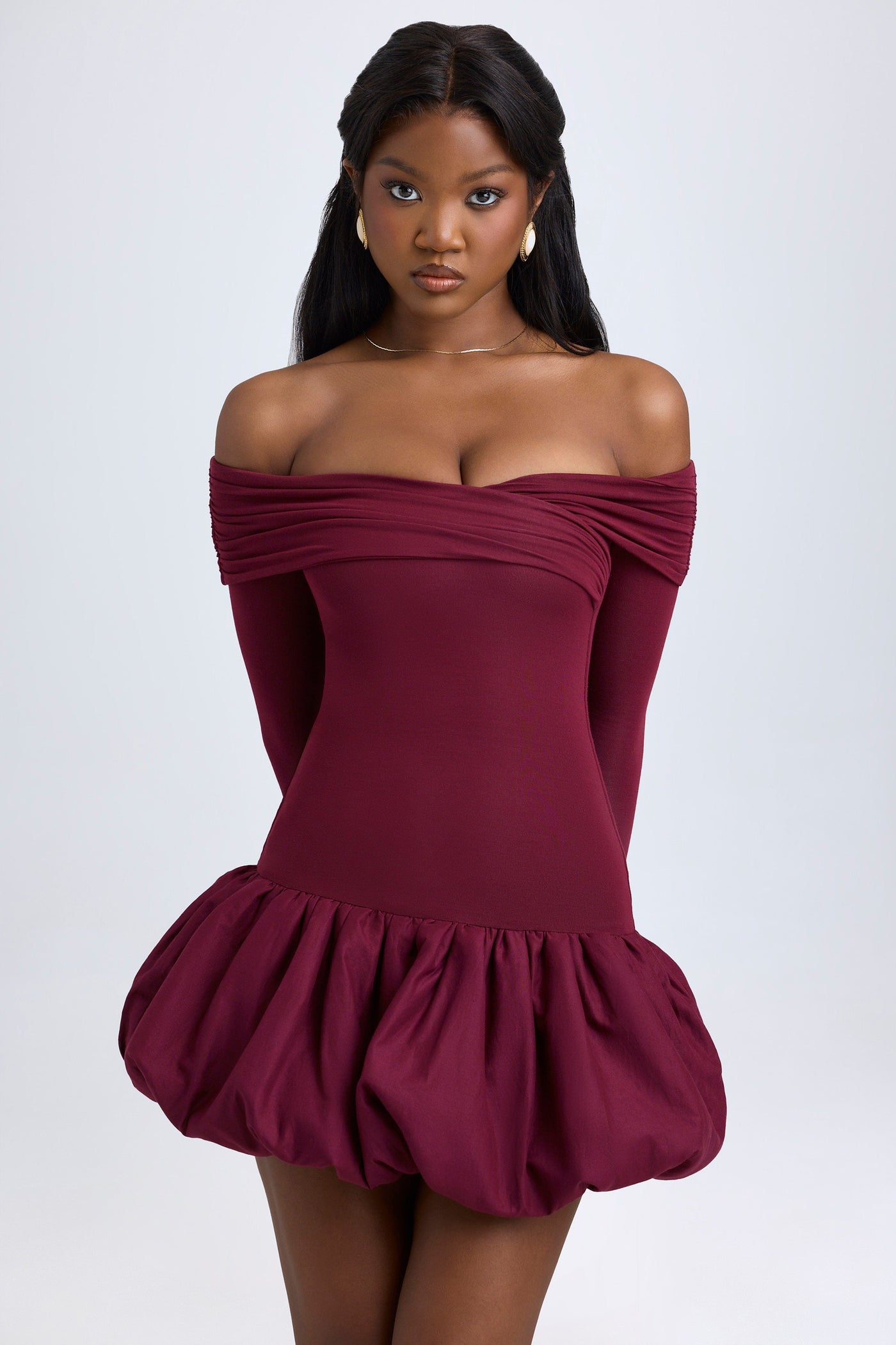 Modal Off-Shoulder Bubble Hem Mini Dress in Wine Red