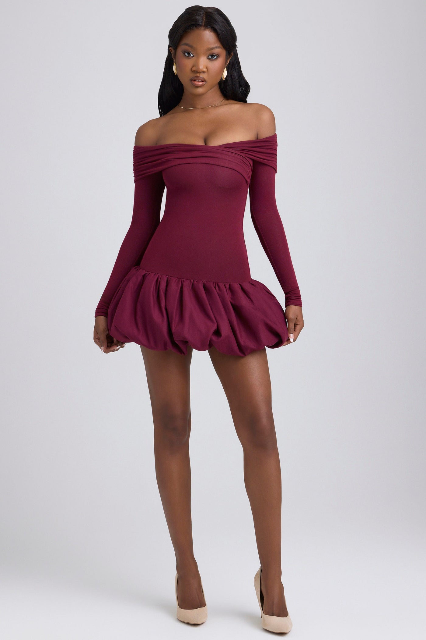 Modal Off-Shoulder Bubble Hem Mini Dress in Wine Red