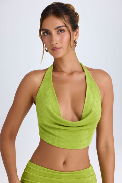 Cowl-Front Halterneck Crop Top in Pear Green