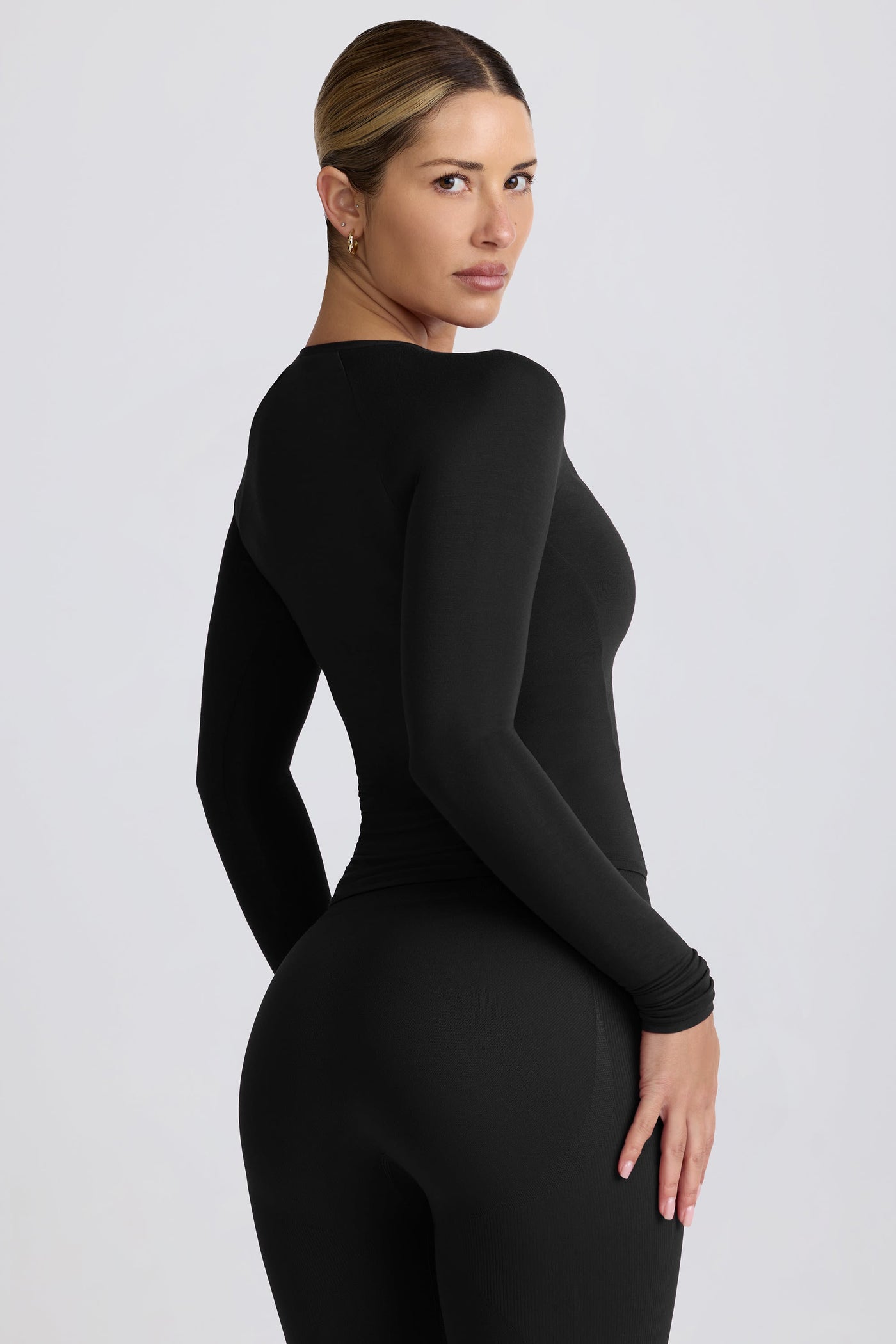 Tencel™ Modal Ruched Long-Sleeve Top in Black