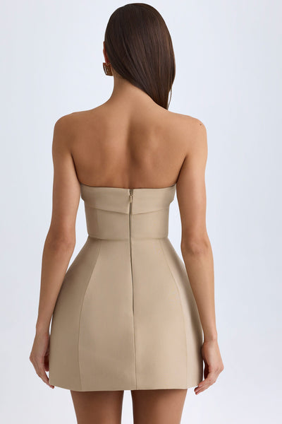 Foldover-Neck Structured Tulip Mini Dress in Camel