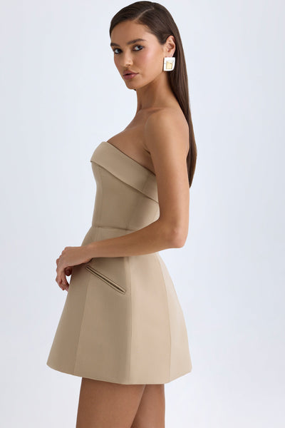 Foldover-Neck Structured Tulip Mini Dress in Camel