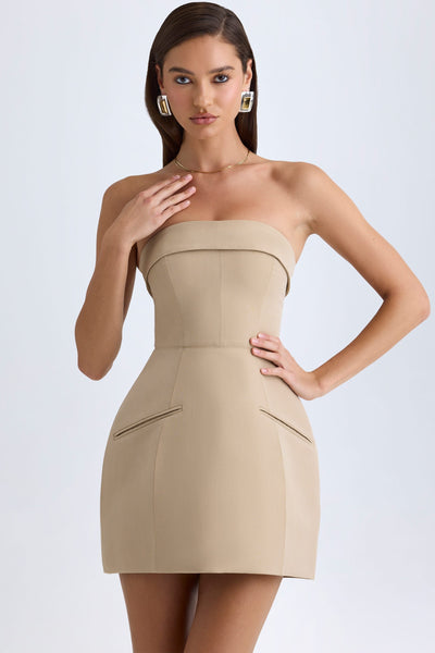 Foldover-Neck Structured Tulip Mini Dress in Camel