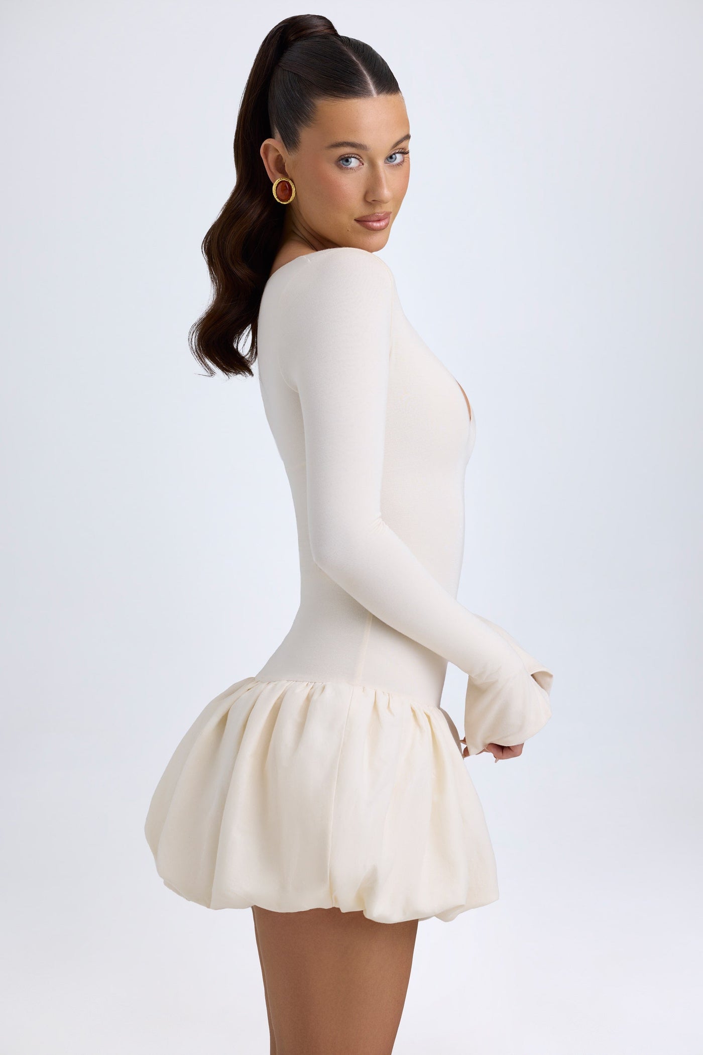 Modal Drop-Waist Bubble Hem Mini Dress in Ivory