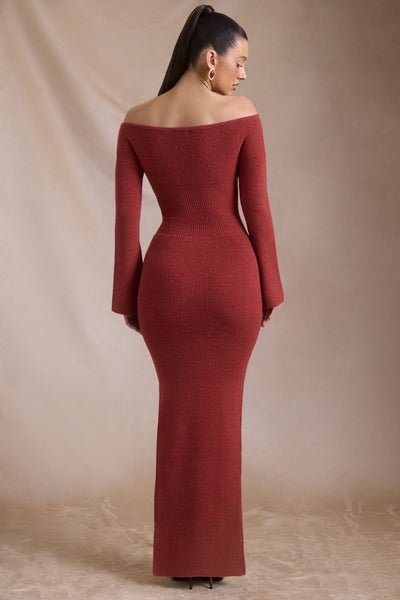 Ribbed-Knit Off-Shoulder Maxi Dress in Brick Red