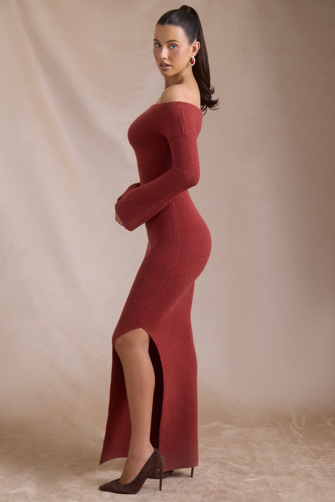 Ribbed-Knit Off-Shoulder Maxi Dress in Brick Red