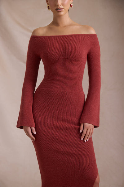 Ribbed-Knit Off-Shoulder Maxi Dress in Brick Red