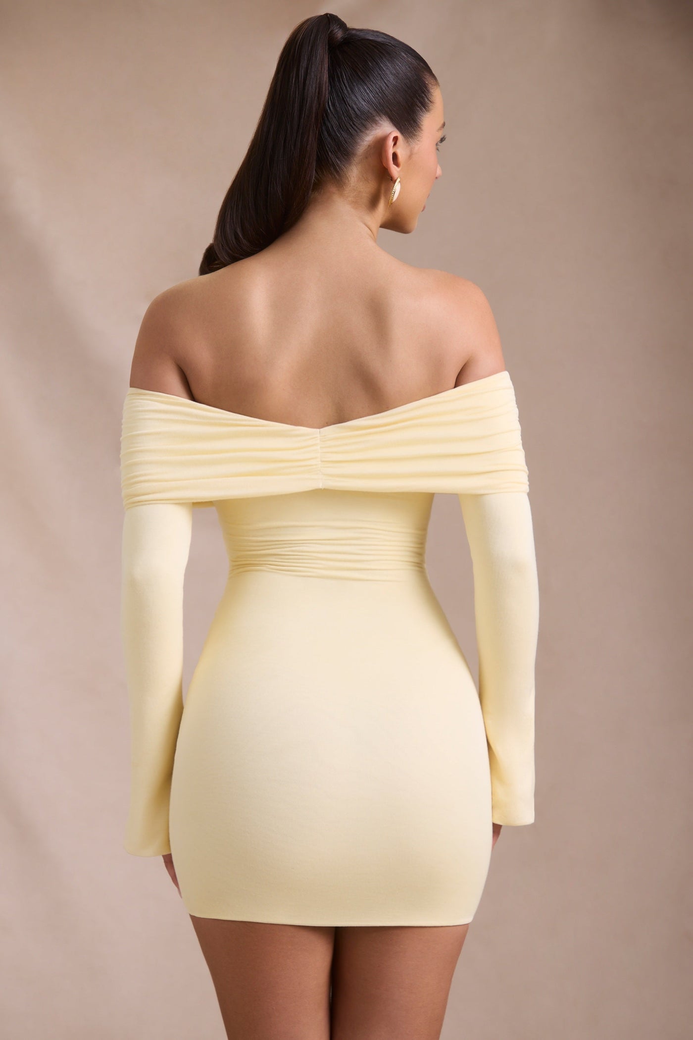 Modal-Cashmere Blend Off-Shoulder Ruched Mini Dress in Butter Yellow