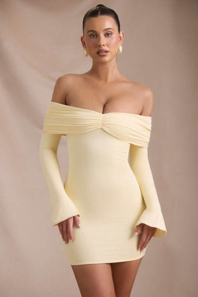 Modal-Cashmere Blend Off-Shoulder Ruched Mini Dress in Butter Yellow