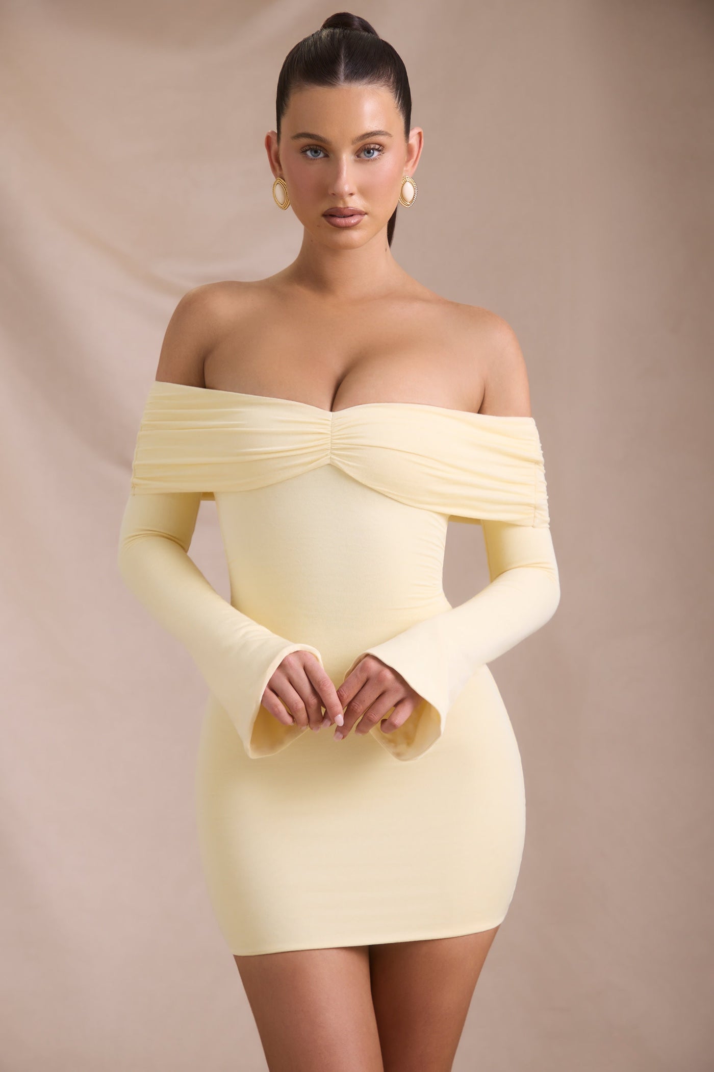 Modal-Cashmere Blend Off-Shoulder Ruched Mini Dress in Butter Yellow