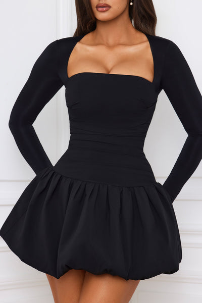 Long-Sleeve Bubble Hem Mini Dress in Black